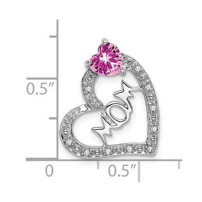 14k White Gold Created Pink Sapphire/Real Diamond MOM Heart Pendant