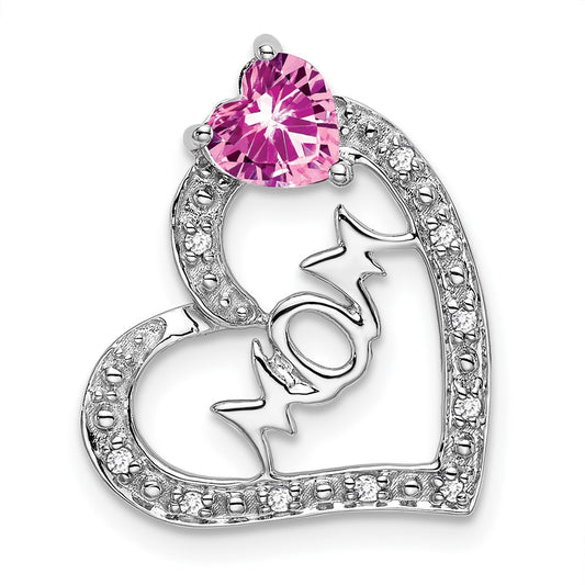 Solid 14k White Gold Created PinK Simulated Sapphire Simulated/Simulated CZ MOM Heart Pendant