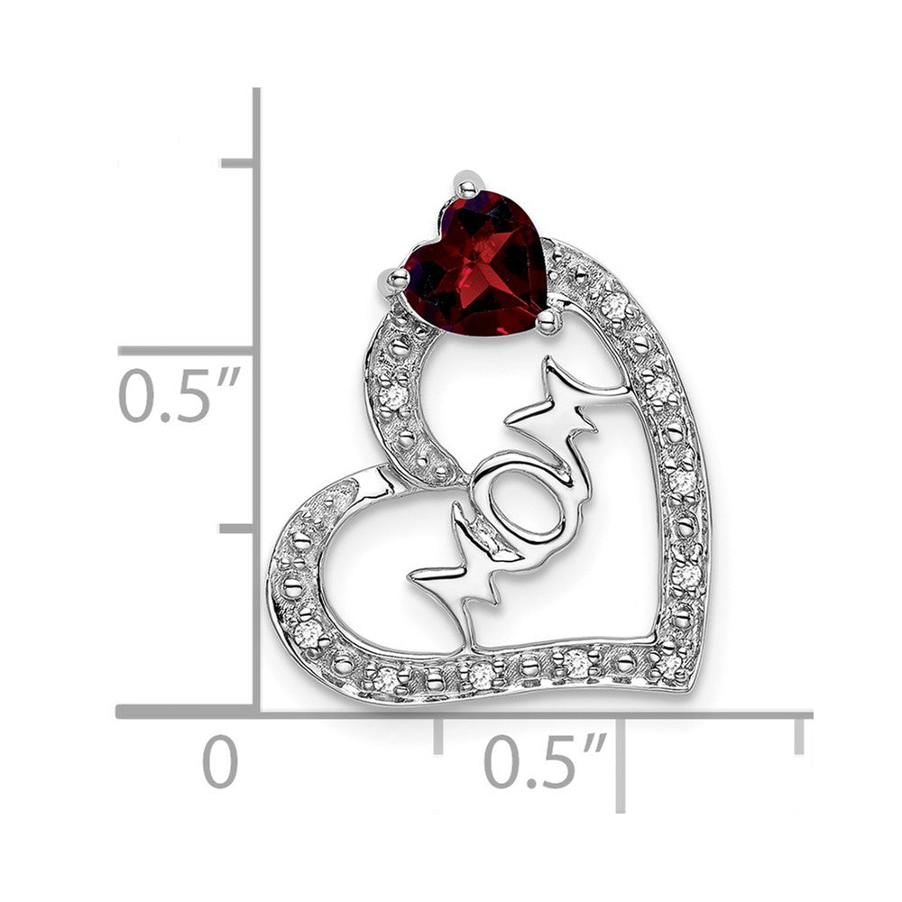 14k White Gold Garnet and Real Diamond MOM Heart Pendant