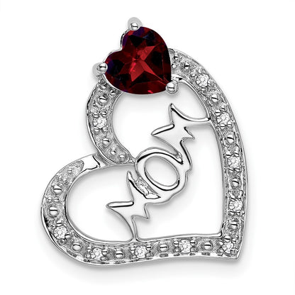 14k White Gold Garnet and Real Diamond MOM Heart Pendant