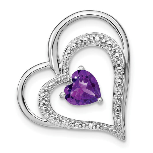 14K White Gold Amethyst and Real Diamond MOM Heart Pendant