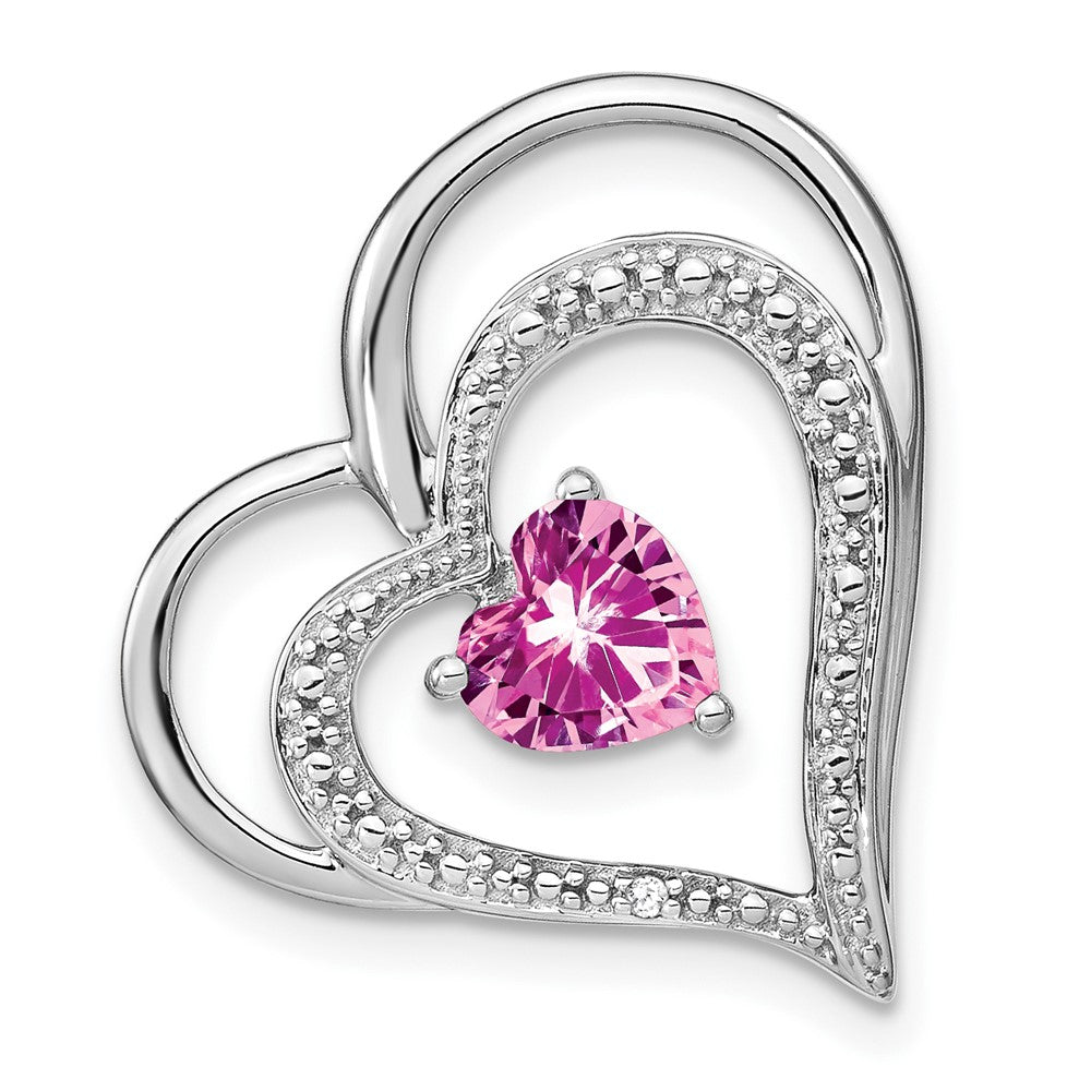 14k White Gold Created Pink Sapphire/Real Diamond MOM Heart Pendant