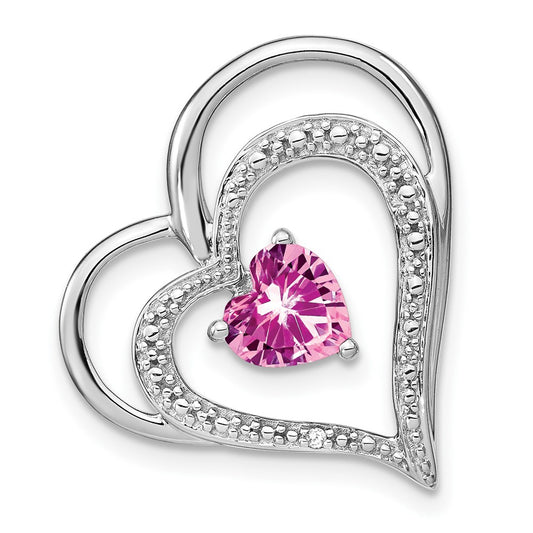 14k White Gold Created Pink Sapphire/Real Diamond MOM Heart Pendant