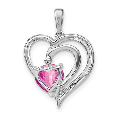 Sterling Silver Created Pink Sapphire and Real Diamond Pendant