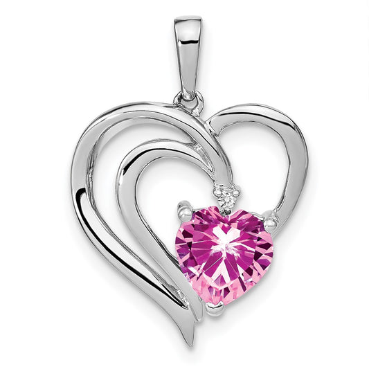 Sterling Silver Created Pink Sapphire and Real Diamond Pendant