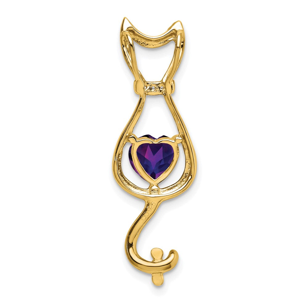 14K Yellow Gold Amethyst and Real Diamond Cat Pendant