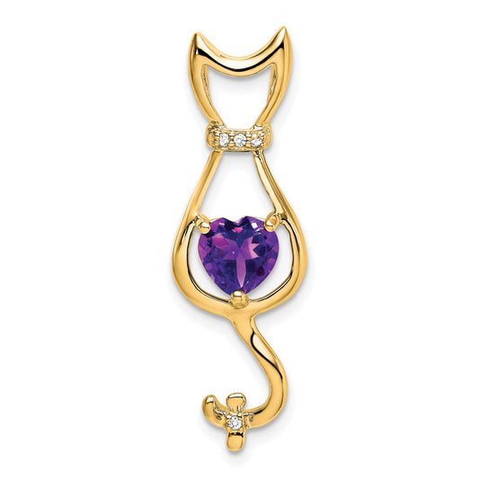 14K Yellow Gold Amethyst and Real Diamond Cat Pendant