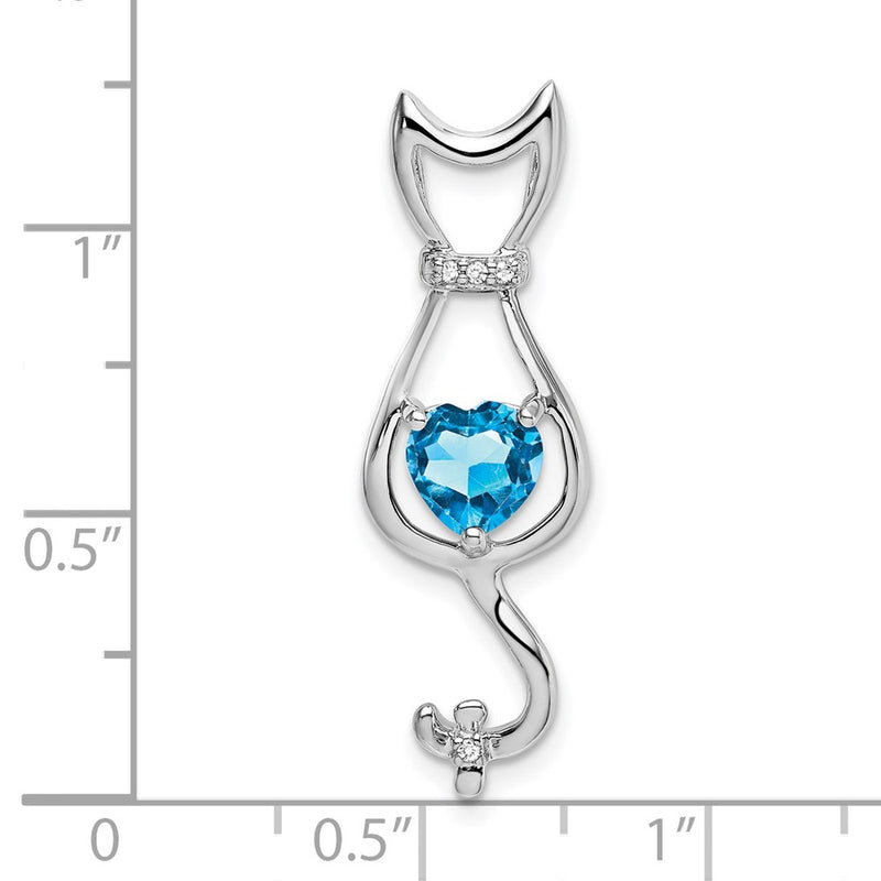 14K White Gold Blue Topaz and Real Diamond Cat Pendant