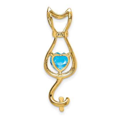 10K Yellow Gold Blue Topaz and Real Diamond Cat Pendant