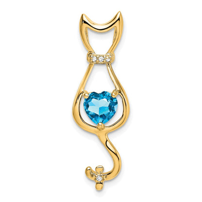 10K Yellow Gold Blue Topaz and Real Diamond Cat Pendant