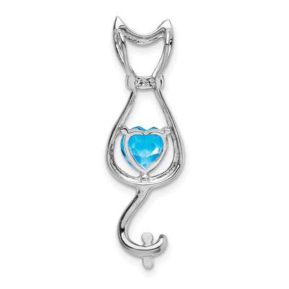 14k White Gold Blue Topaz and Real Diamond Cat Pendant