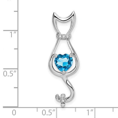 14k White Gold Blue Topaz and Real Diamond Cat Pendant