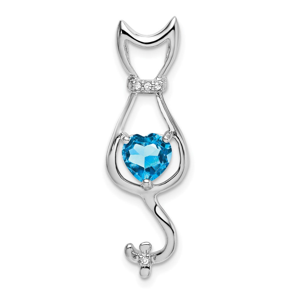14k White Gold Blue Topaz and Real Diamond Cat Pendant