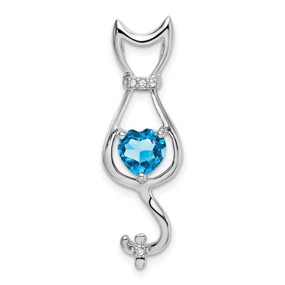 14k White Gold Blue Topaz and Real Diamond Cat Pendant