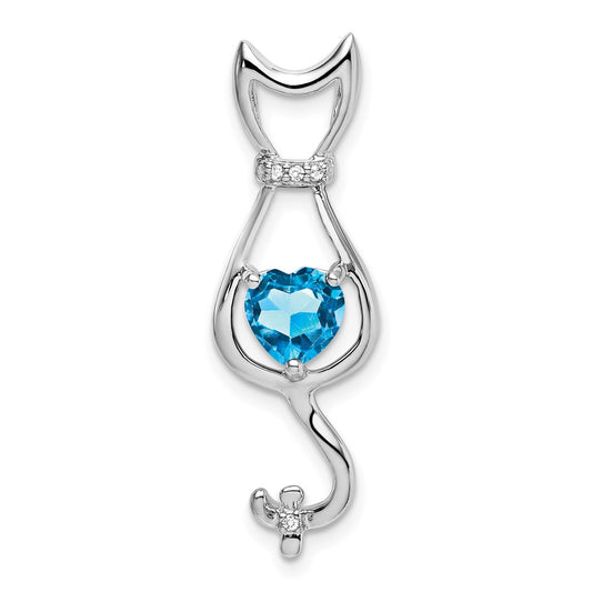 14k White Gold Blue Topaz and Real Diamond Cat Pendant