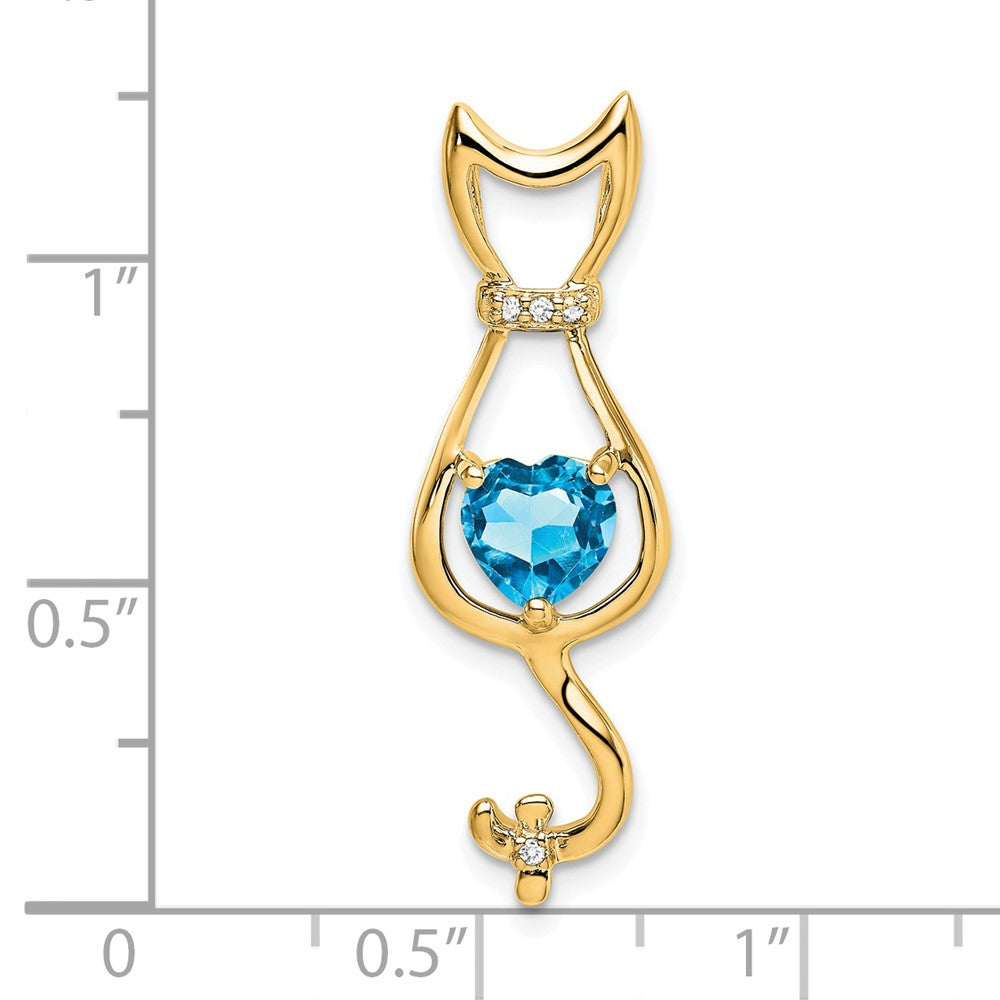 14K Yellow Gold Blue Topaz and Real Diamond Cat Pendant