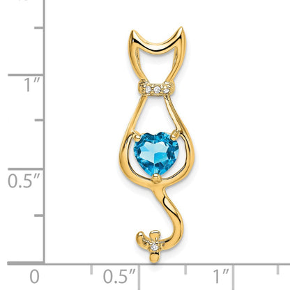 14K Yellow Gold Blue Topaz and Real Diamond Cat Pendant