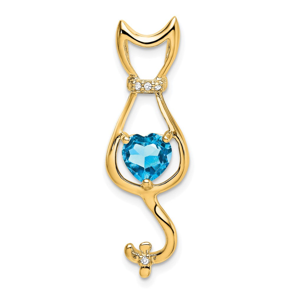 Solid 14k Yellow Gold Simulated Blue Topaz and CZ Cat Pendant