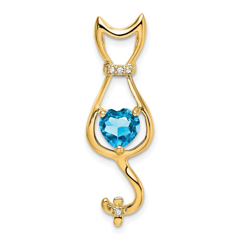 14K Yellow Gold Blue Topaz and Real Diamond Cat Pendant
