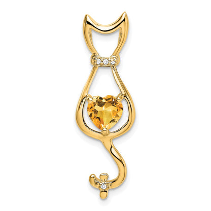 14K Yellow Gold Citrine and Real Diamond Cat Pendant