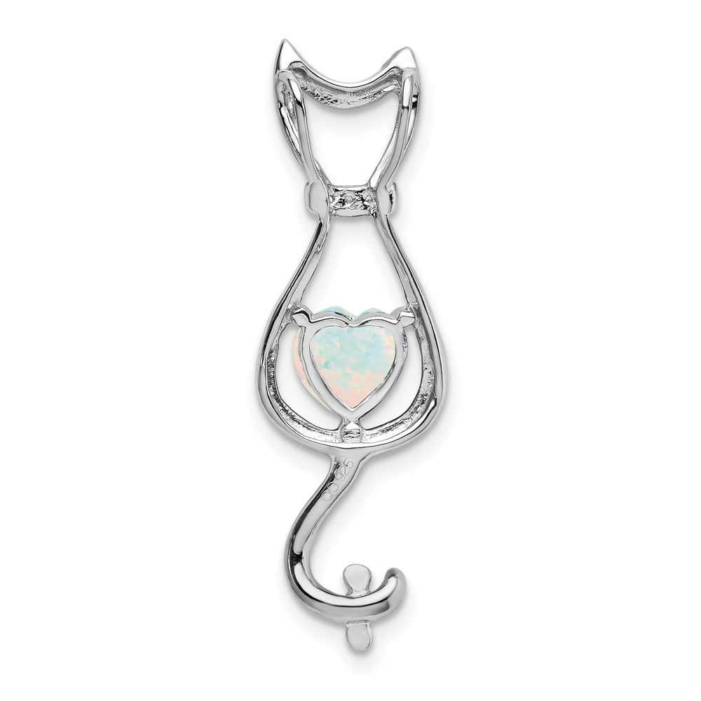 14k White Gold Created Opal and Real Diamond Cat Pendant