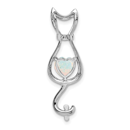 14k White Gold Created Opal and Real Diamond Cat Pendant