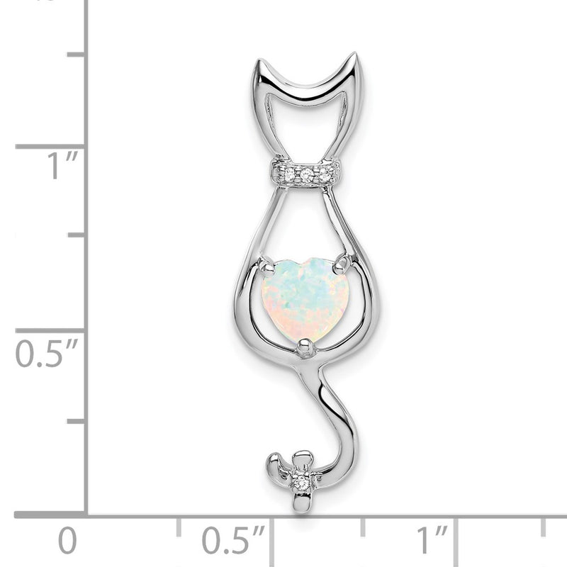 14k White Gold Created Opal and Real Diamond Cat Pendant
