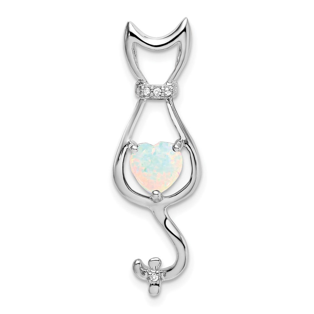 14k White Gold Created Opal and Real Diamond Cat Pendant