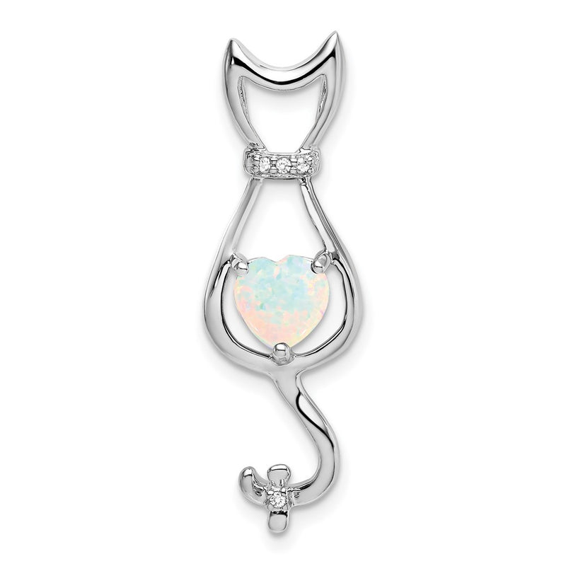 14k White Gold Created Opal and Real Diamond Cat Pendant