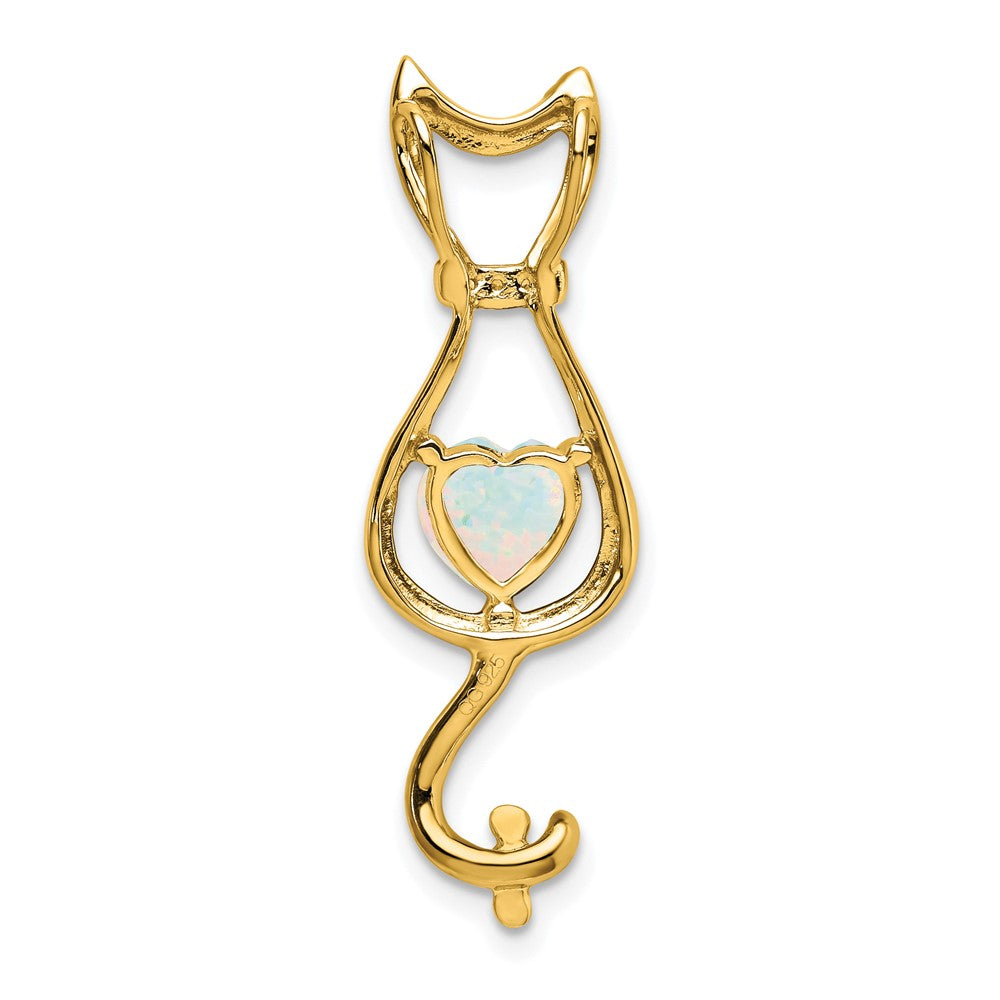14K Yellow Gold Created Opal and Real Diamond Cat Pendant
