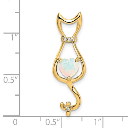 14K Yellow Gold Created Opal and Real Diamond Cat Pendant