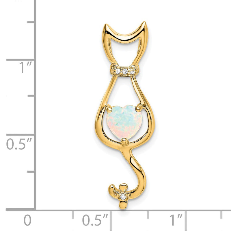 14K Yellow Gold Created Opal and Real Diamond Cat Pendant