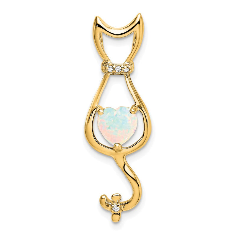 14K Yellow Gold Created Opal and Real Diamond Cat Pendant