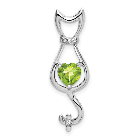 Solid 14k White Gold Simulated Peridot and CZ Cat Pendant