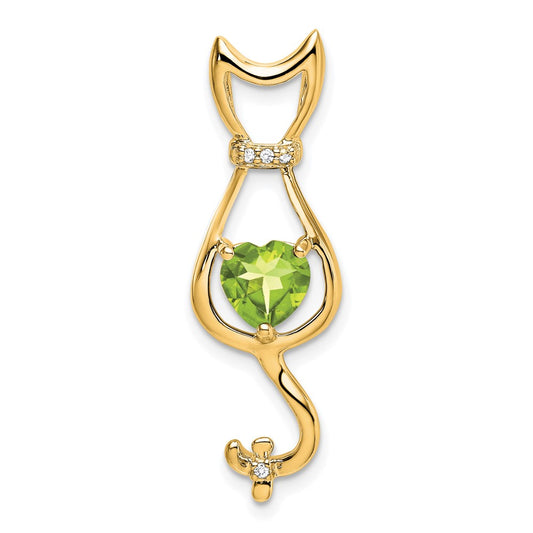 14K Yellow Gold Peridot and Real Diamond Cat Pendant