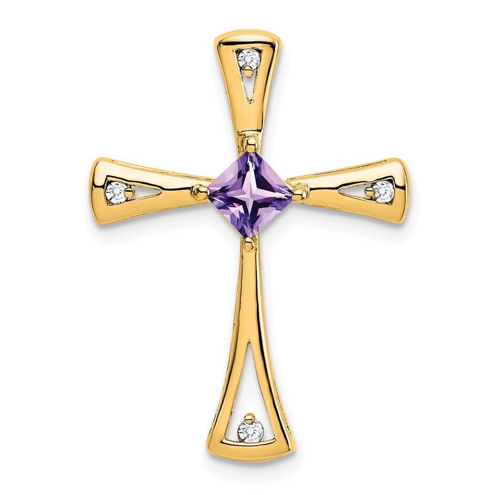 10K Yellow Gold Amethyst and Real Diamond Cross Pendant