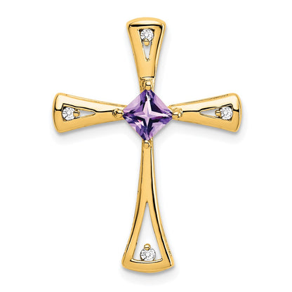 10K Yellow Gold Amethyst and Real Diamond Cross Pendant