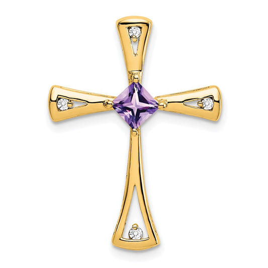 10K Yellow Gold Amethyst and Real Diamond Cross Pendant