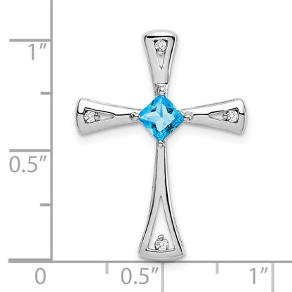 14K White Gold Blue Topaz and Real Diamond Cross Pendant