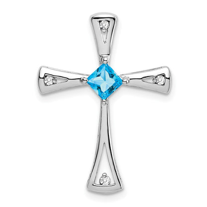 14K White Gold Blue Topaz and Real Diamond Cross Pendant