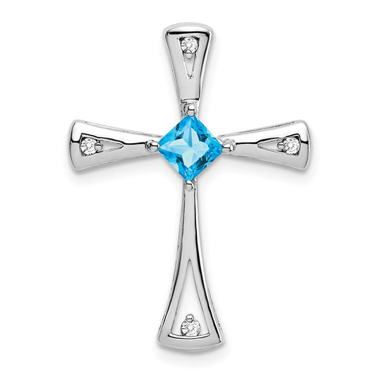14K White Gold Blue Topaz and Real Diamond Cross Pendant