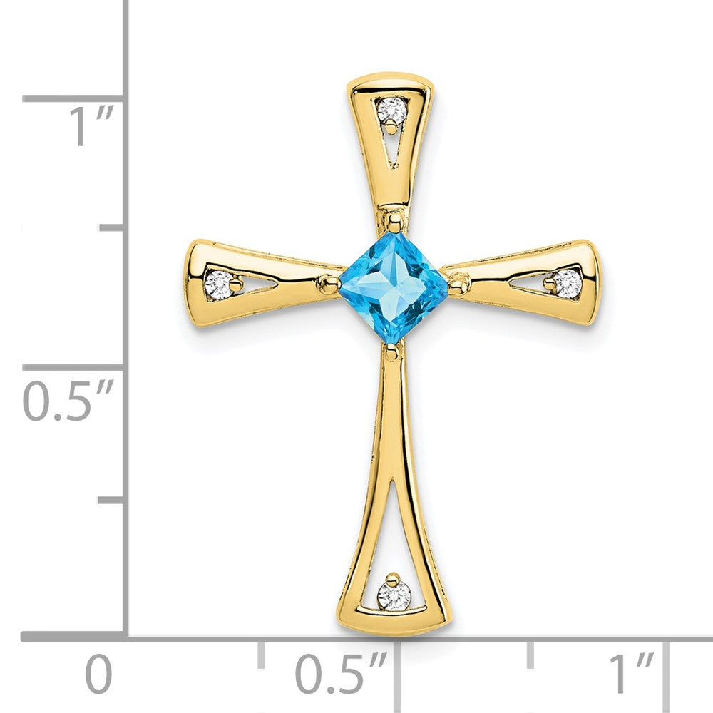 10K Yellow Gold Blue Topaz and Real Diamond Cross Pendant