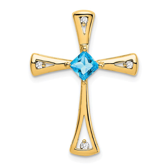 10K Yellow Gold Blue Topaz and Real Diamond Cross Pendant