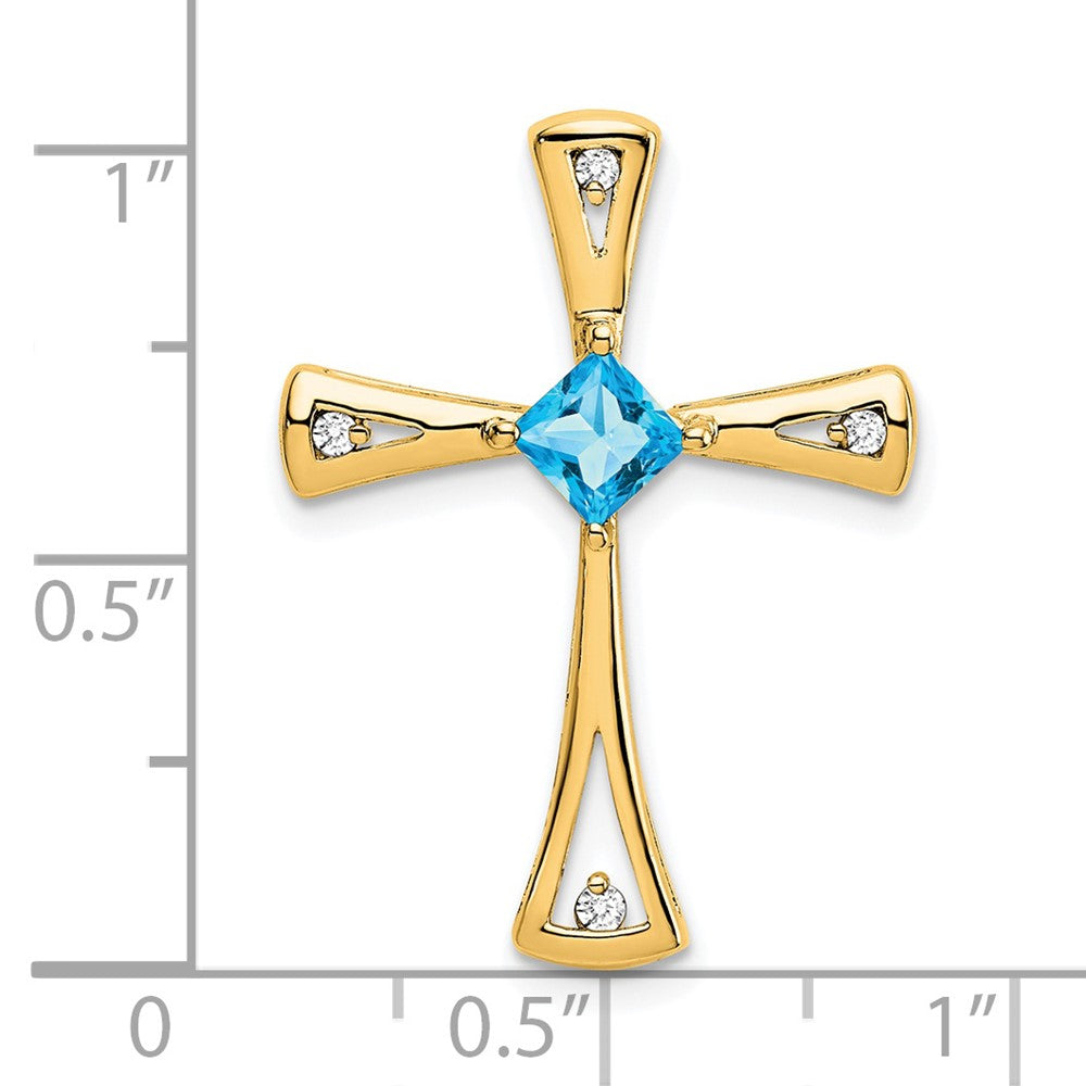 14K Yellow Gold Blue Topaz and Real Diamond Cross Chain Slide