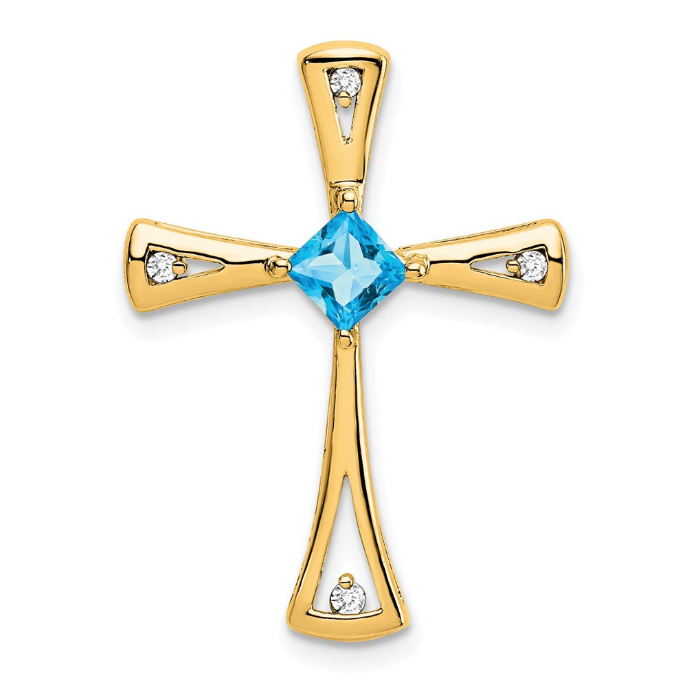 14K Yellow Gold Blue Topaz and Real Diamond Cross Chain Slide