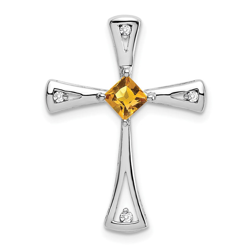 14K White Gold Citrine and Real Diamond Cross Pendant