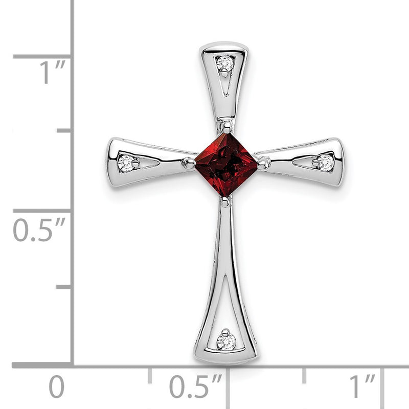 14K White Gold Garnet and Real Diamond Cross Pendant