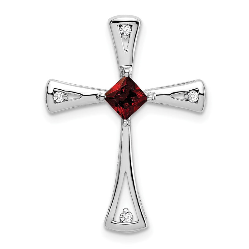 14K White Gold Garnet and Real Diamond Cross Pendant