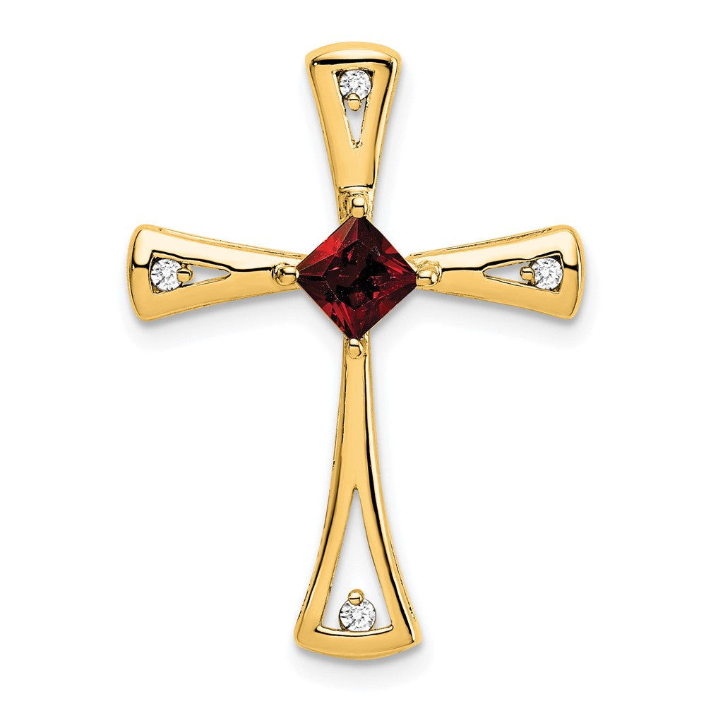 14K Yellow Gold Garnet and Real Diamond Cross Chain Slide