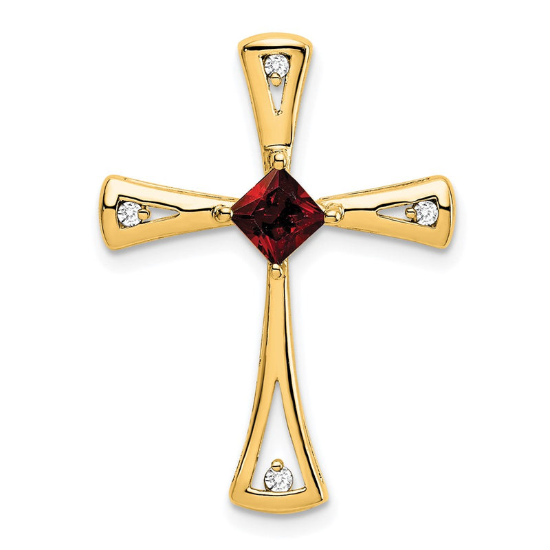 14K Yellow Gold Garnet and Real Diamond Cross Chain Slide